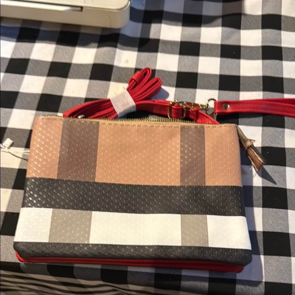 Elegant Red and Tan Crossbody Bag